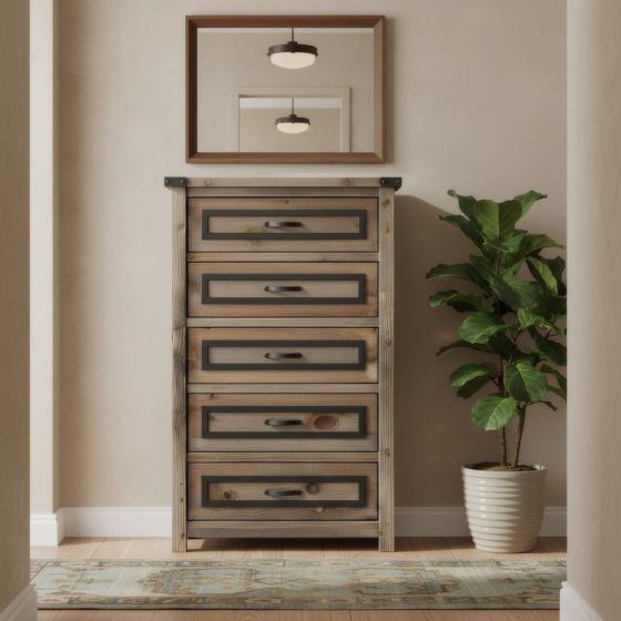 Heritage Pine 5 Drawer Chest: Some lifestyle images are created with AI for visualization purposes. Crafted from natural solid wood, each piece is unique and will vary.