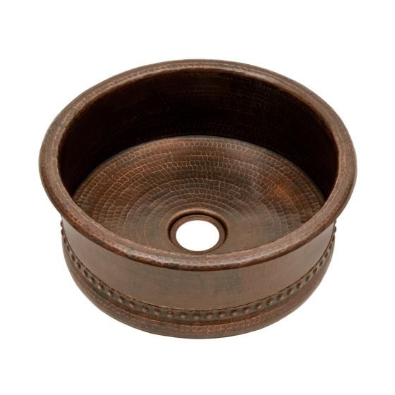 15" Round Oil Rubbed Bronze Hammered Copper Bar Vessel Tub Sink - 2" Drain