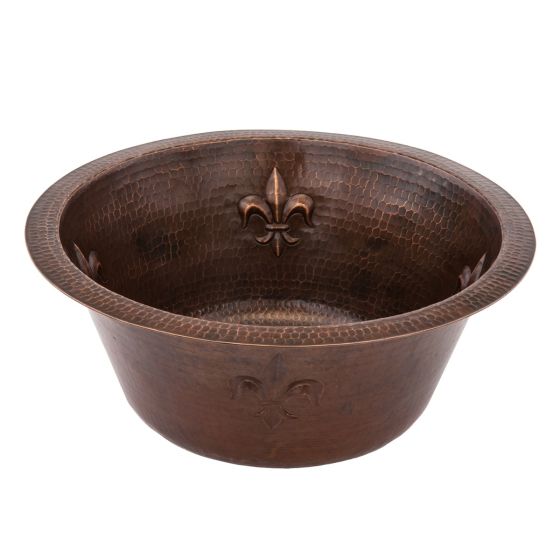 16" Round Fleur De Lis Oil Rubbed Bronze Hammered Copper Bar & Prep Sink - 3.5" Drain