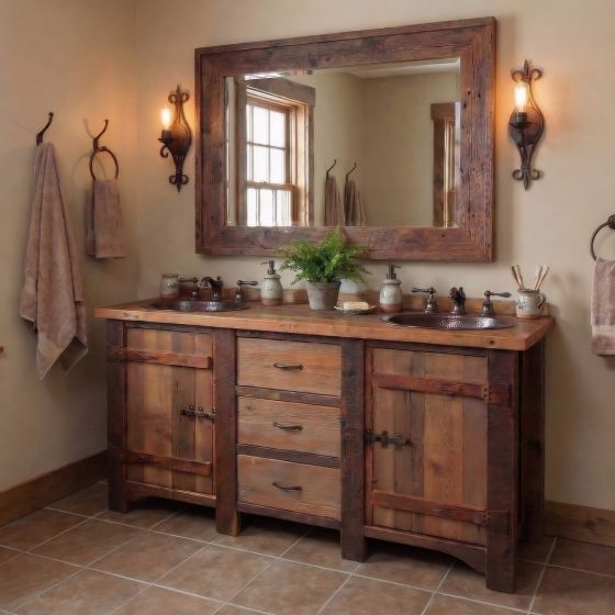 Barnwood Vanity: Some lifestyle images are created with AI for visualization purposes. Crafted from natural solid wood, each piece is unique and will vary.