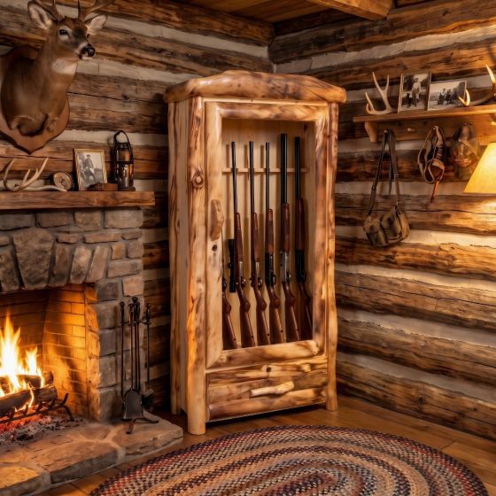 Log Gun Cabinet: Some lifestyle images are created with AI for visualization purposes. Crafted from natural solid wood, each piece is unique and will vary.