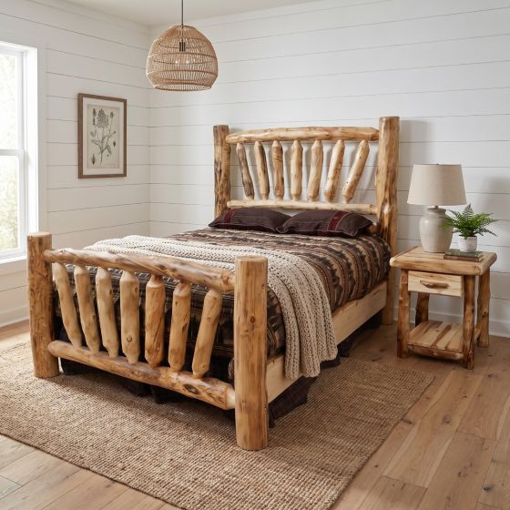 Log Nightstand: Some lifestyle images are created with AI for visualization purposes. Crafted from natural solid wood, each piece is unique and will vary.