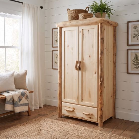 Rustic Wardrobe: Some lifestyle images are created with AI for visualization purposes. Crafted from natural solid wood, each piece is unique and will vary.