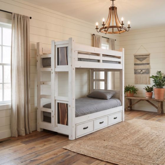 Bunk Bed with Storage: Some lifestyle images are created with AI for visualization purposes. Crafted from natural solid wood, each piece is unique and will vary.