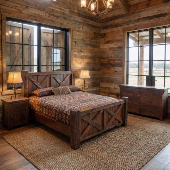 Rustic Timber Bed: Some lifestyle images are created with AI for visualization purposes. Crafted from natural solid wood, each piece is unique and will vary.