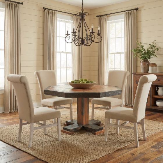 Rustic Octagon Dining Table: Some lifestyle images are created with AI for visualization purposes. Crafted from natural solid wood, each piece is unique and will vary.