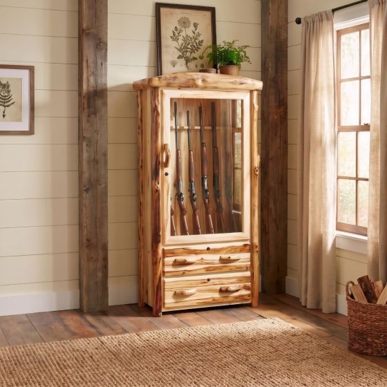 Log Gun Cabinet: Some lifestyle images are created with AI for visualization purposes. Crafted from natural solid wood, each piece is unique and will vary.