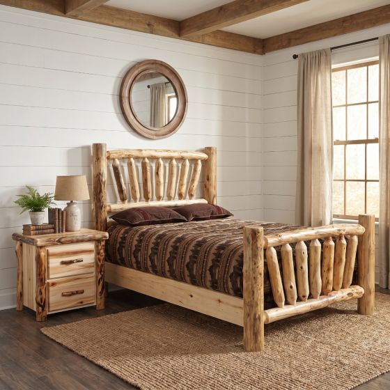 Rustic Log Nightstand: Some lifestyle images are created with AI for visualization purposes. Crafted from natural solid wood, each piece is unique and will vary.