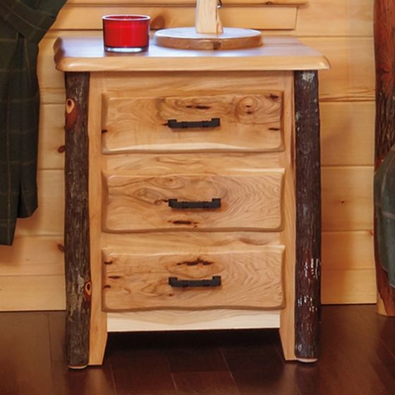 Rustic Hickory Three Drawer Log Nightstand