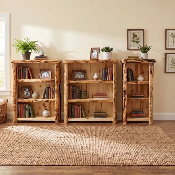 Aspen Bookcase: Some lifestyle images are created with AI for visualization purposes. Crafted from natural solid wood, each piece is unique and will vary.