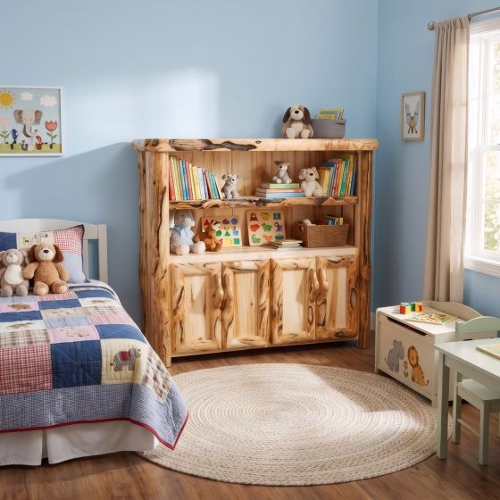Aspen Log Bookcase: Some lifestyle images are created with AI for visualization purposes. Crafted from natural solid wood, each piece is unique and will vary.