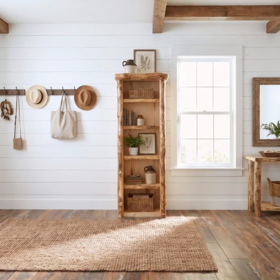 Log Bookcase: Some lifestyle images are created with AI for visualization purposes. Crafted from natural solid wood, each piece is unique and will vary.