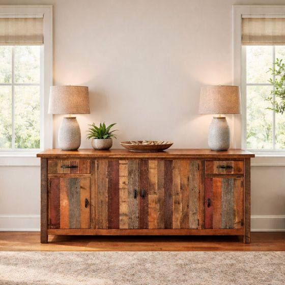 Barn Wood Sideboard: Some lifestyle images are created with AI for visualization purposes. Crafted from natural solid wood, each piece is unique and will vary.