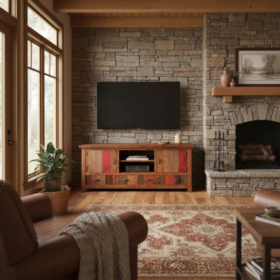 Reclaimed Wood Entertainment Center: Some lifestyle images are created with AI for visualization purposes. Crafted from natural solid wood, each piece is unique and will vary.