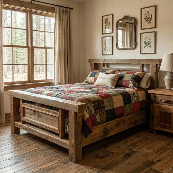 Barnwood Bed: Some lifestyle images are created with AI for visualization purposes. Crafted from natural solid wood, each piece is unique and will vary.