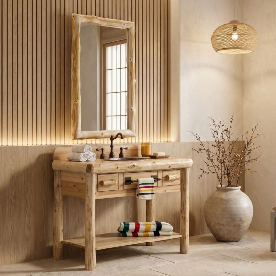 Cedar Log Mirror: Some lifestyle images are created with AI for visualization purposes. Crafted from natural solid wood, each piece is unique and will vary.