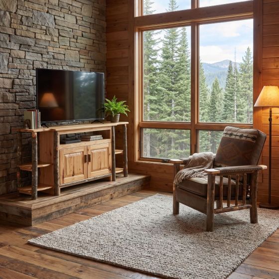Hickory Log Entertainment Center: Some lifestyle images are created with AI for visualization purposes. Crafted from natural solid wood, each piece is unique and will vary.