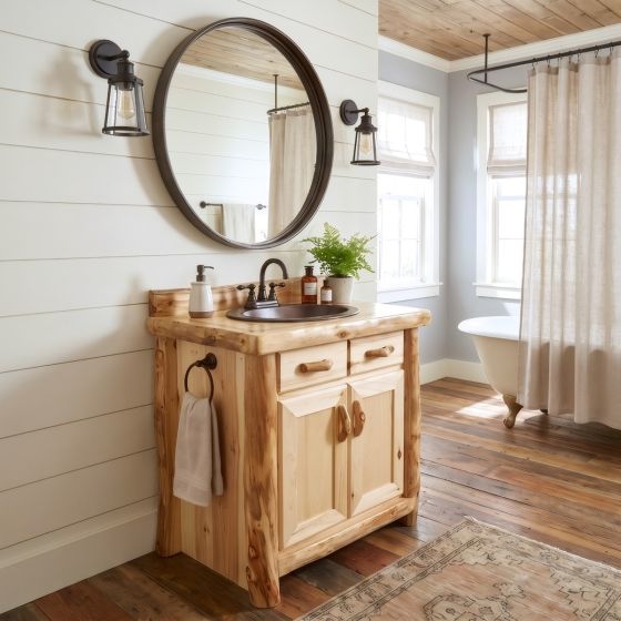 Rustic Log Vanity: Some lifestyle images are created with AI for visualization purposes. Crafted from natural solid wood, each piece is unique and will vary.
