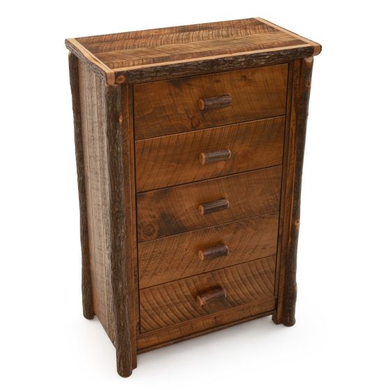 River Rustic Barnwood and Hickory 5 Drawer Chest, Shown in Antique Barnwood Finish with Hickory Log Handles