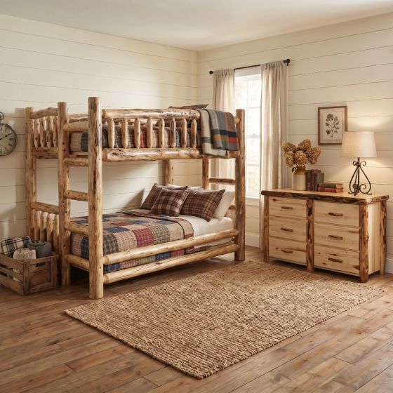 Log bunk Bed: Some lifestyle images are created with AI for visualization purposes. Crafted from natural solid wood, each piece is unique and will vary.