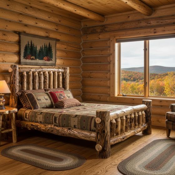 Rustic Log Bed: Some lifestyle images are created with AI for visualization purposes. Crafted from natural solid wood, each piece is unique and will vary.