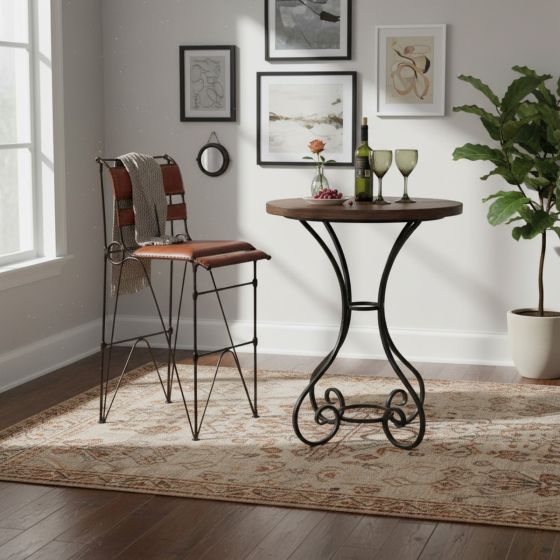 Copper Pub Table: Some lifestyle images are created with AI for visualization purposes. Crafted from natural solid wood, each piece is unique and will vary.