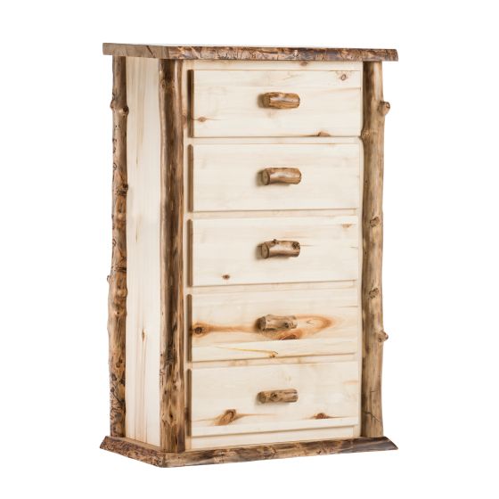 Boulder Mountain 5 Drawer Aspen Log Chest--Flat drawer fronts, Clear finish, Standard logs, Light aspen