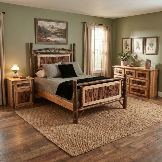 Hickory Log Bed: Some lifestyle images are created with AI for visualization purposes. Crafted from natural solid wood, each piece is unique and will vary.