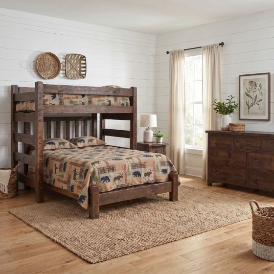 Rustic Retreat Bunk Bed: Some lifestyle images are created with AI for visualization purposes. Crafted from natural solid wood, each piece is unique and will vary.