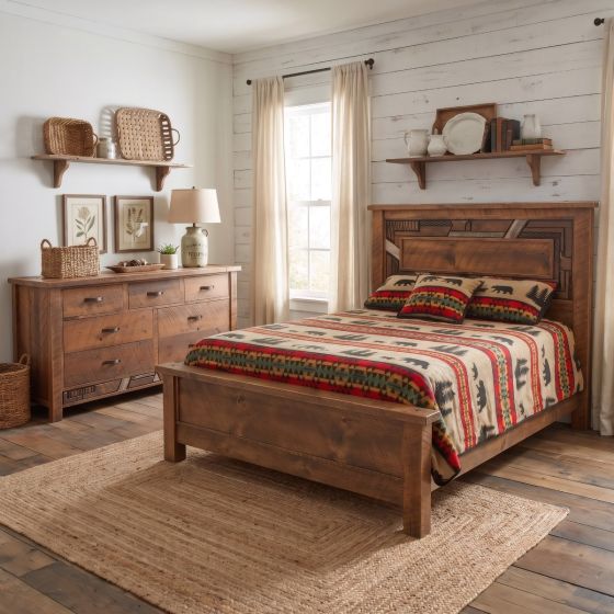 Mosaic Barnwood Bed: Some lifestyle images are created with AI for visualization purposes. Crafted from natural solid wood, each piece is unique and will vary.