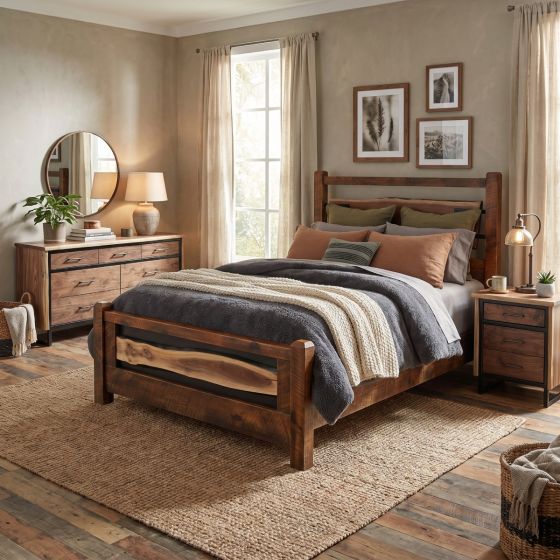 Rustic Walnut Bed: Some lifestyle images are created with AI for visualization purposes. Crafted from natural solid wood, each piece is unique and will vary.