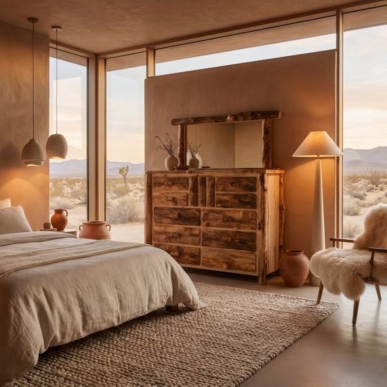 Aspen Log Dresser: Some lifestyle images are created with AI for visualization purposes. Crafted from natural solid wood, each piece is unique and will vary.
