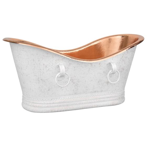 67" Hammered Copper Double Slipper Bathtub with Rings in Glazed White, with Polished Copper Interior