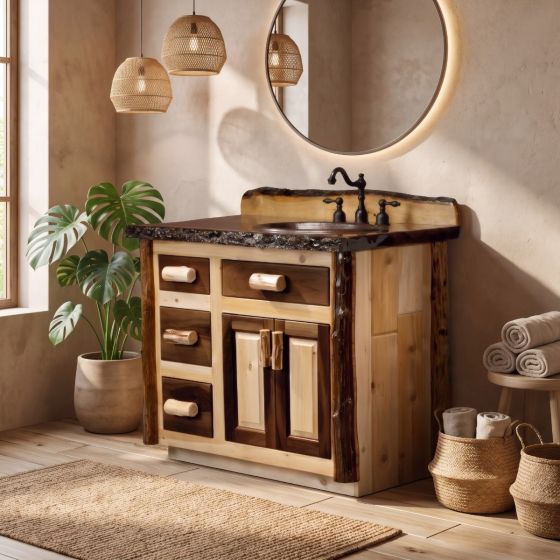 Rustic Log Vanity: Some lifestyle images are created with AI for visualization purposes. Crafted from natural solid wood, each piece is unique and will vary.