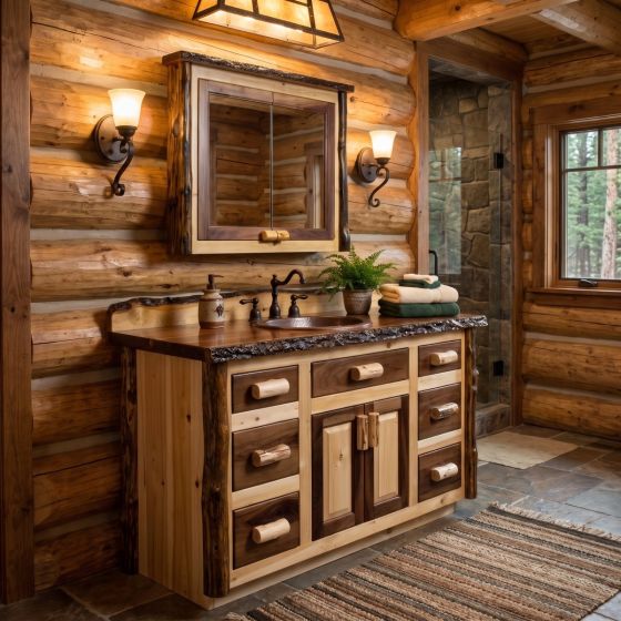 Log Medicine Cabinet: Some lifestyle images are created with AI for visualization purposes. Crafted from natural solid wood, each piece is unique and will vary.