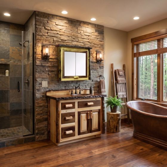 Log Medicine Cabinet: Some lifestyle images are created with AI for visualization purposes. Crafted from natural solid wood, each piece is unique and will vary.