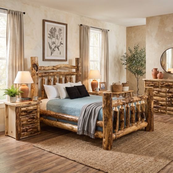 Rustic Aspen Log Bed: Some lifestyle images are created with AI for visualization purposes. Crafted from natural solid wood, each piece is unique and will vary.