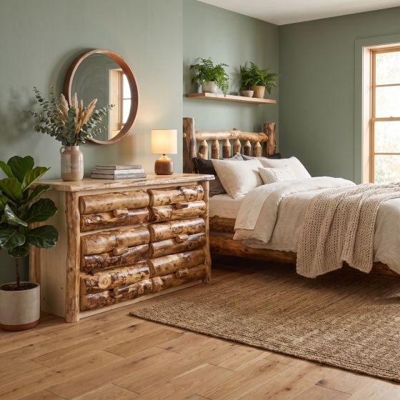 Aspen Log 6 Drawer Dresser: Some lifestyle images are created with AI for visualization purposes. Crafted from natural solid wood, each piece is unique and will vary.
