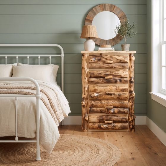 Aspen 5 Drawer Chest: Some lifestyle images are created with AI for visualization purposes. Crafted from natural solid wood, each piece is unique and will vary.