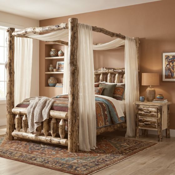 Aspen Log Nightstand: Some lifestyle images are created with AI for visualization purposes. Crafted from natural solid wood, each piece is unique and will vary.