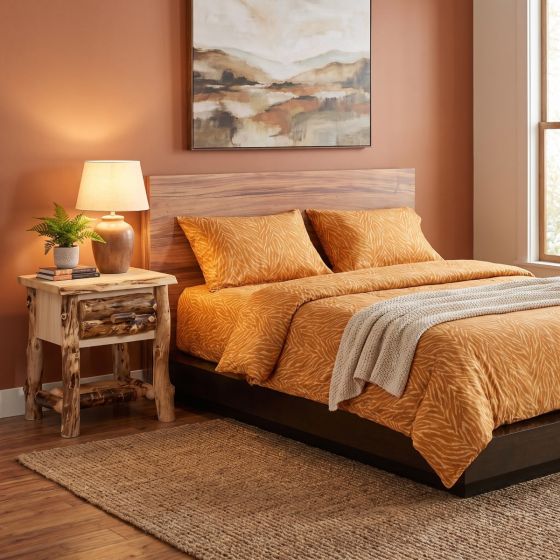 Rustic Aspen Nightstand: Some lifestyle images are created with AI for visualization purposes. Crafted from natural solid wood, each piece is unique and will vary.