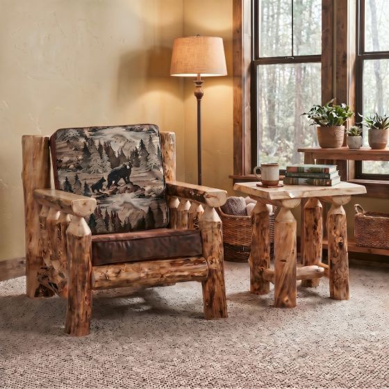 Aspen Log Chair: Some lifestyle images are created with AI for visualization purposes. Crafted from natural solid wood, each piece is unique and will vary.