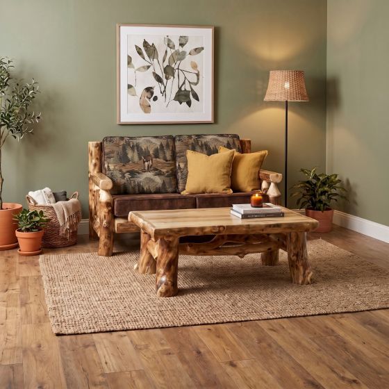 Aspen Log Loveseat: Some lifestyle images are created with AI for visualization purposes. Crafted from natural solid wood, each piece is unique and will vary.