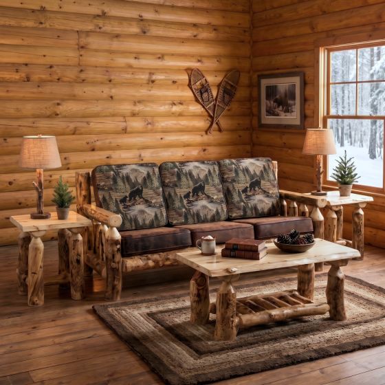 Aspen Log Sofa: Some lifestyle images are created with AI for visualization purposes. Crafted from natural solid wood, each piece is unique and will vary.