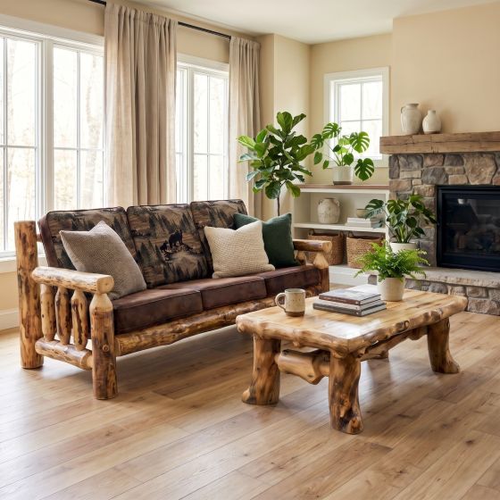 Aspen Log Sofa: Some lifestyle images are created with AI for visualization purposes. Crafted from natural solid wood, each piece is unique and will vary.