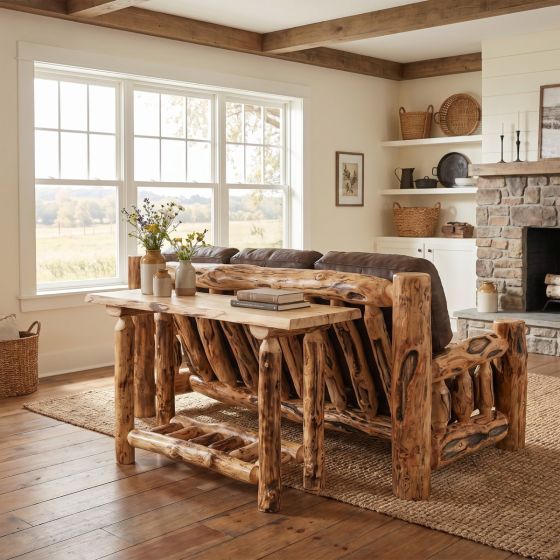Rustic Aspen Sofa Table: Some lifestyle images are created with AI for visualization purposes. Crafted from natural solid wood, each piece is unique and will vary.