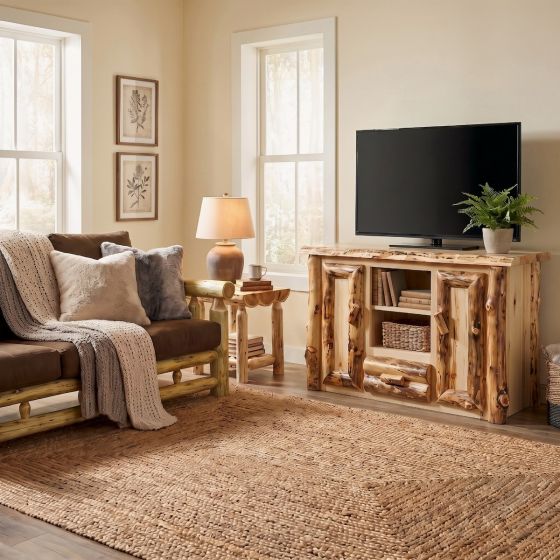 Rustic TV Stand: Some lifestyle images are created with AI for visualization purposes. Crafted from natural solid wood, each piece is unique and will vary.