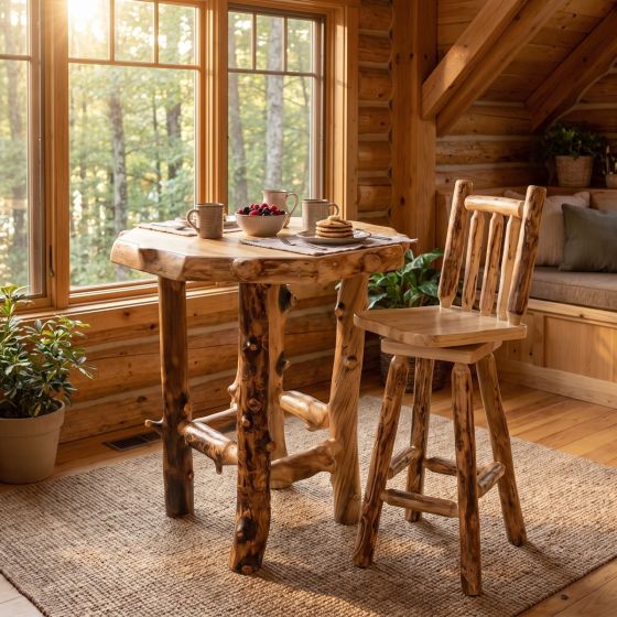 Log Bar Stool: Some lifestyle images are created with AI for visualization purposes. Crafted from natural solid wood, each piece is unique and will vary.