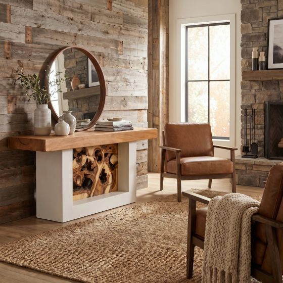 Modern Console Table: Some lifestyle images are created with AI for visualization purposes. Crafted from natural solid wood, each piece is unique and will vary.