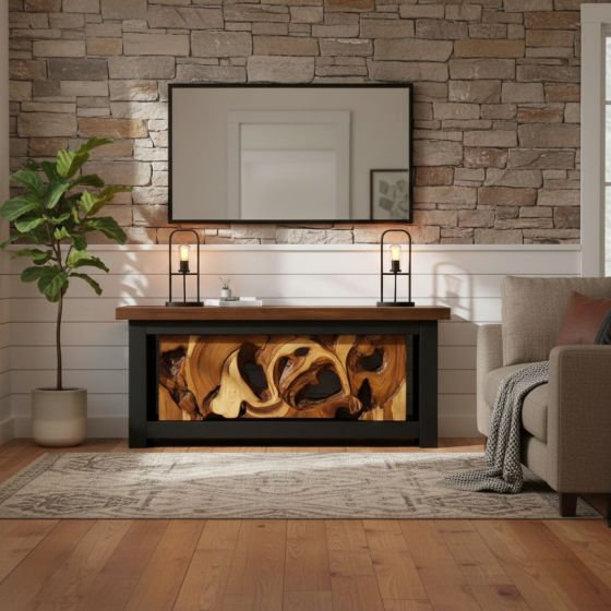 Root Wood Console Table: Some lifestyle images are created with AI for visualization purposes. Crafted from natural solid wood, each piece is unique and will vary.